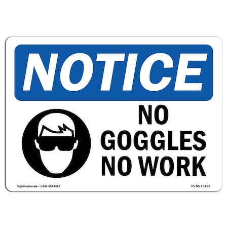Signmission OSHA Notice Sign, NOTICE No Goggles No Work, 24in X 18in Decal, 24" W, 18" H, Landscape OS-NS-D-1824-L-16131